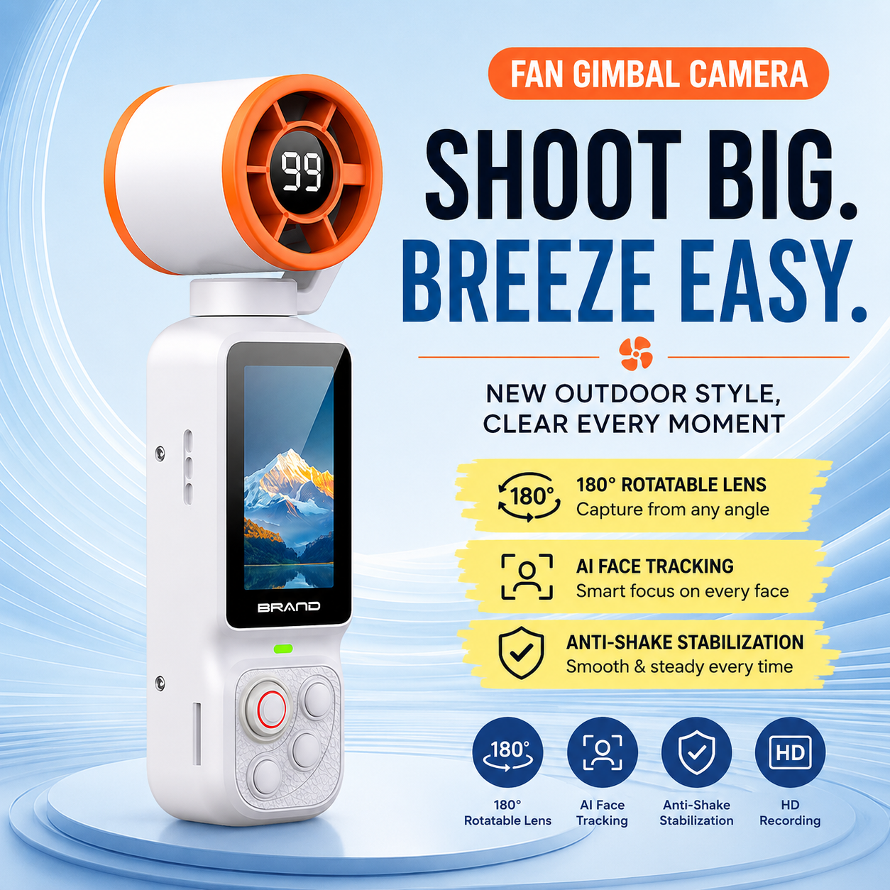 Handheld Action Camera with Cooling Fan | 180° Rotatable Lens & AI Face Tracking