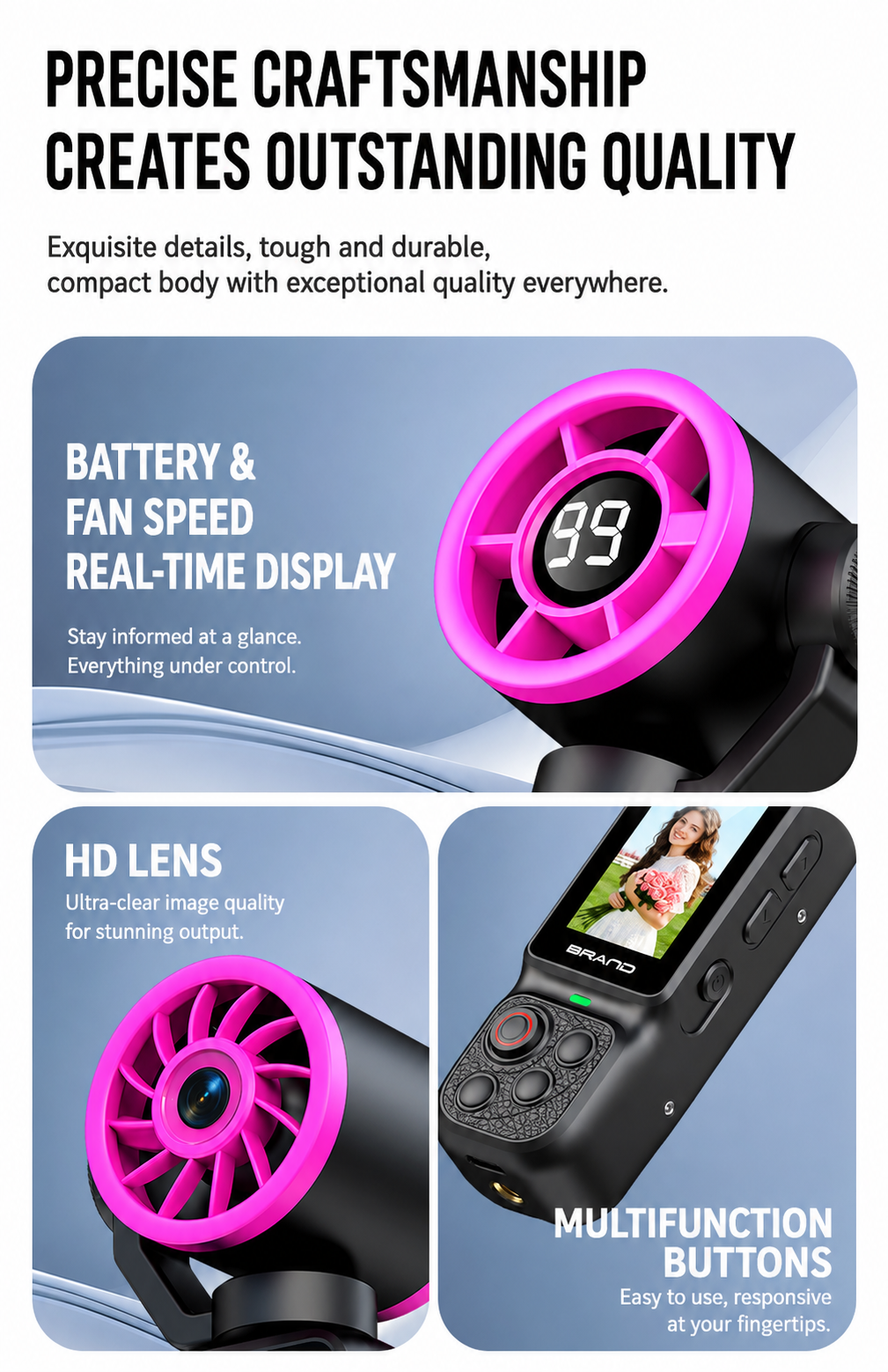 Handheld Action Camera with Cooling Fan | 180° Rotatable Lens & AI Face Tracking