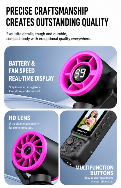 Handheld Action Camera with Cooling Fan | 180° Rotatable Lens & AI Face Tracking