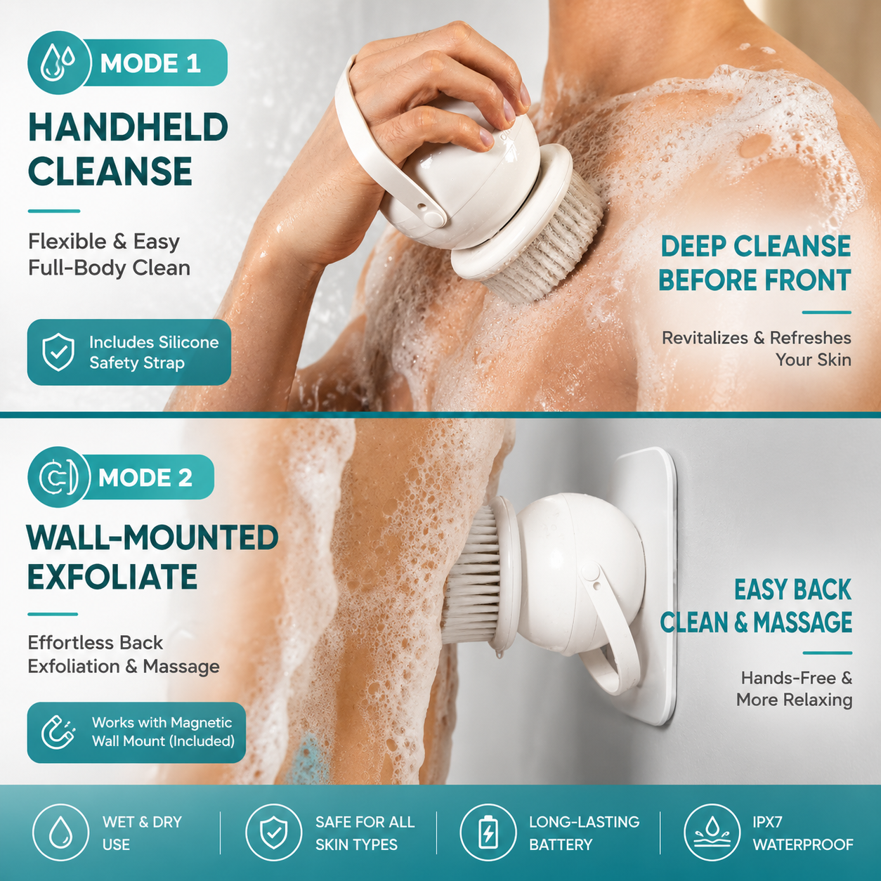 2-in-1 Wall Mounted Electric Body/ Face Cleansing Brush – Waterproof Shower Back Scrubber with Dual Brush Heads