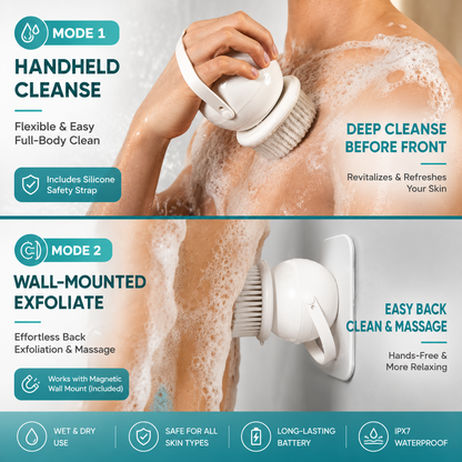 2-in-1 Wall Mounted Electric Body/ Face Cleansing Brush – Waterproof Shower Back Scrubber with Dual Brush Heads