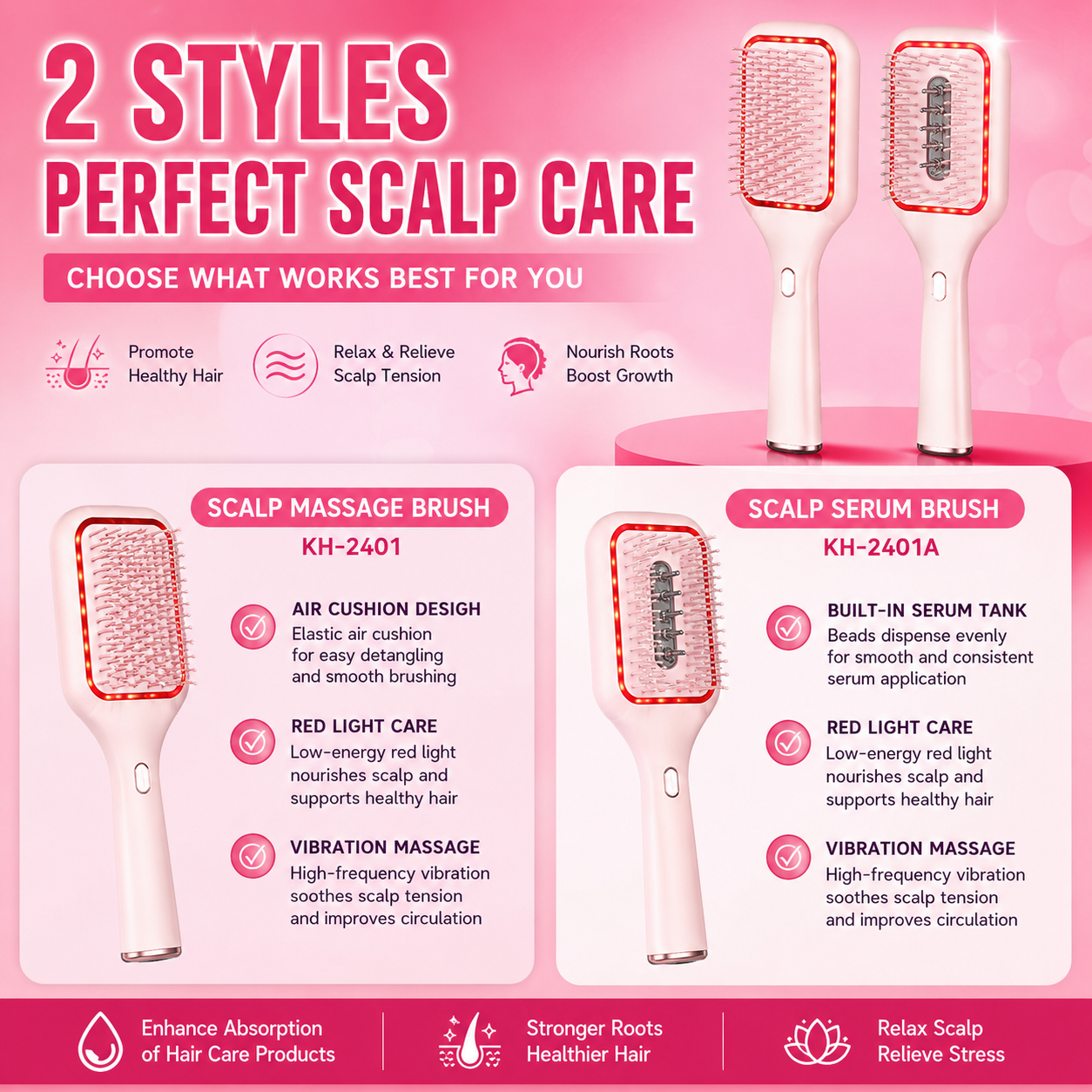 2-in-1 Red Light Scalp Massage Brush | Vibrating Hair Growth & Serum Applicator