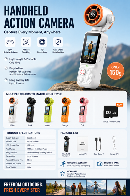 Handheld Action Camera with Cooling Fan | 180° Rotatable Lens & AI Face Tracking