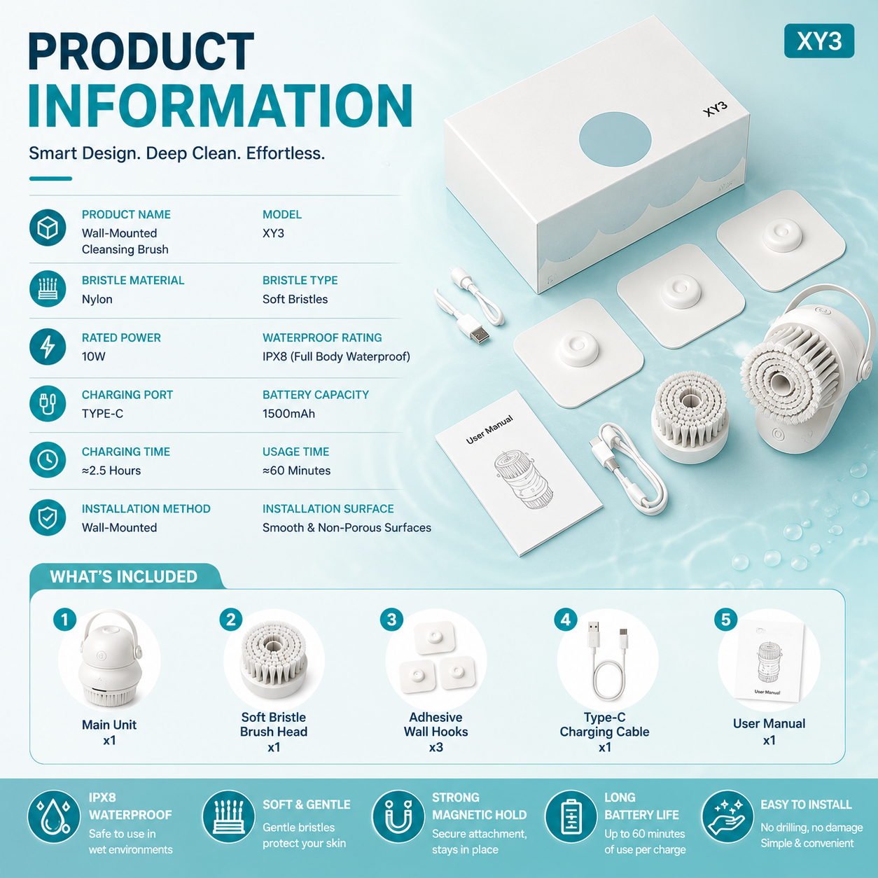 2-in-1 Wall Mounted Electric Body/ Face Cleansing Brush – Waterproof Shower Back Scrubber with Dual Brush Heads