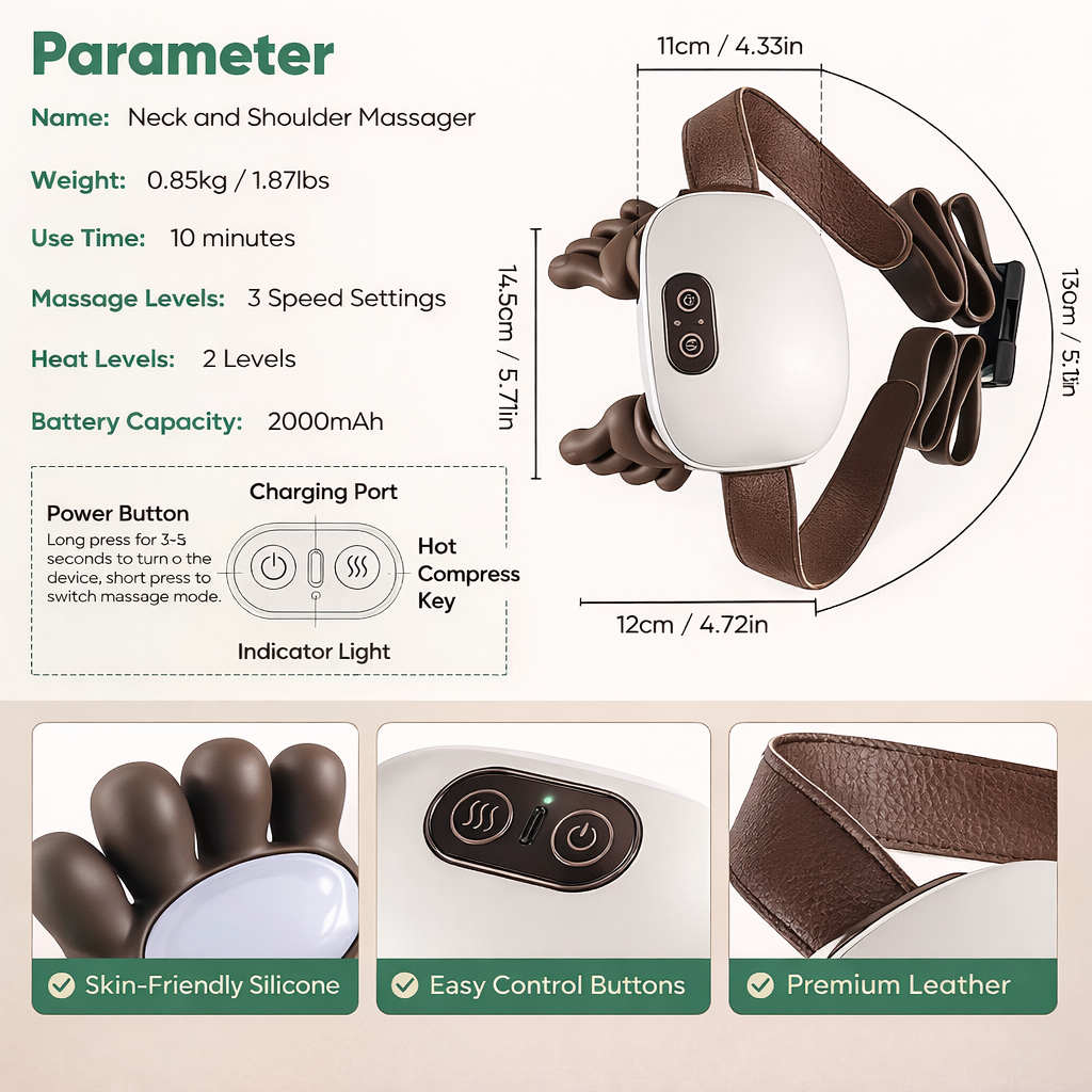 Wireless Heated Leg/ Neck Massager – Deep Tissue Kneading, Human-Hand Simulation, Portable Pain Relief | Best Neck Massager with Heat