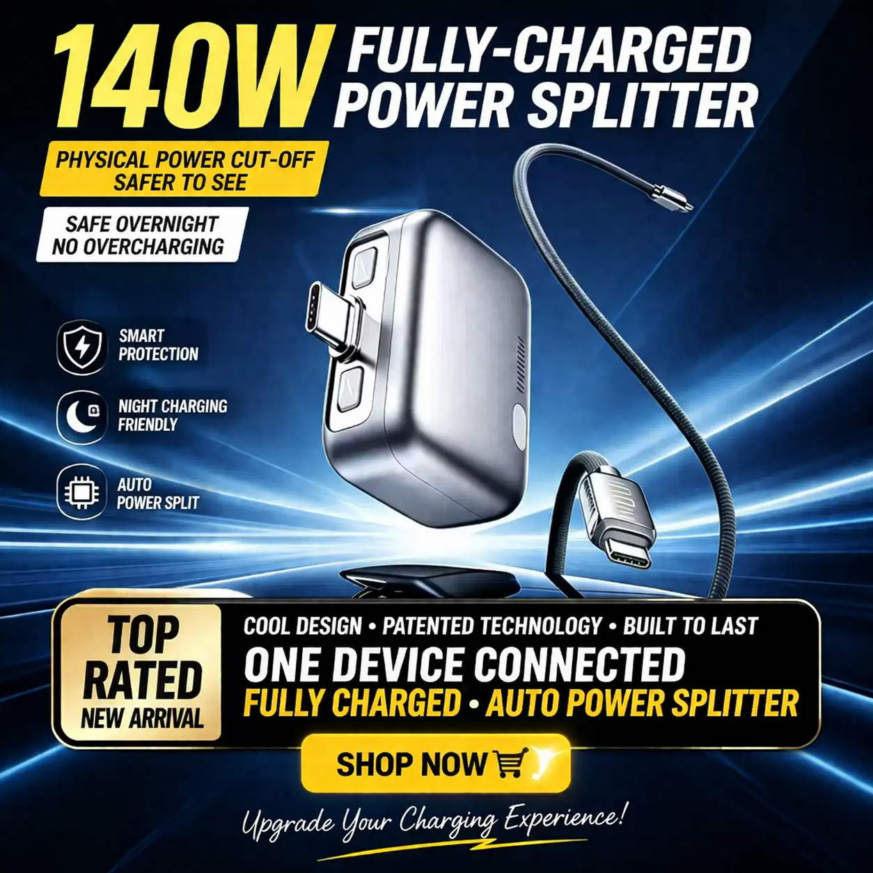 【EXTRA $5 OFFER- PROMO CODE: MEMORA5] Auto Cut-Off Fast Charging Cable (Safe Overnight Charging)- 140W Smart Power Splitter Adapter