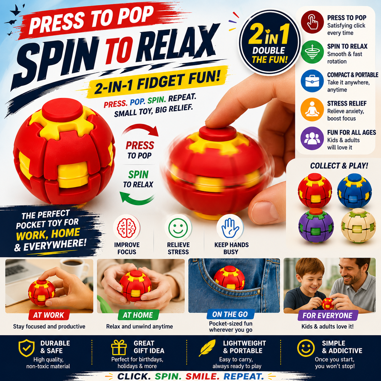 Press & Spin 2-in-1 Fidget Toy – Stress Relief Finger Spinner, Pocket Desk Toy for Kids & Adults, Portable Sensory Toy for Home, Office & Travel