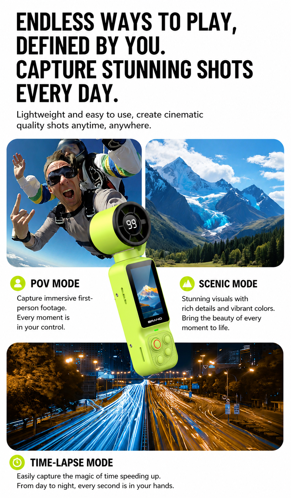 Handheld Action Camera with Cooling Fan | 180° Rotatable Lens & AI Face Tracking