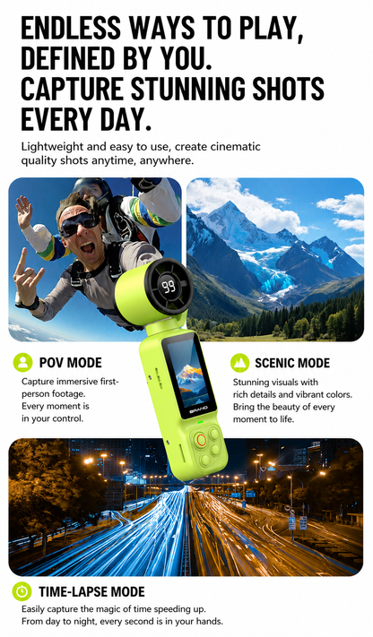 Handheld Action Camera with Cooling Fan | 180° Rotatable Lens & AI Face Tracking