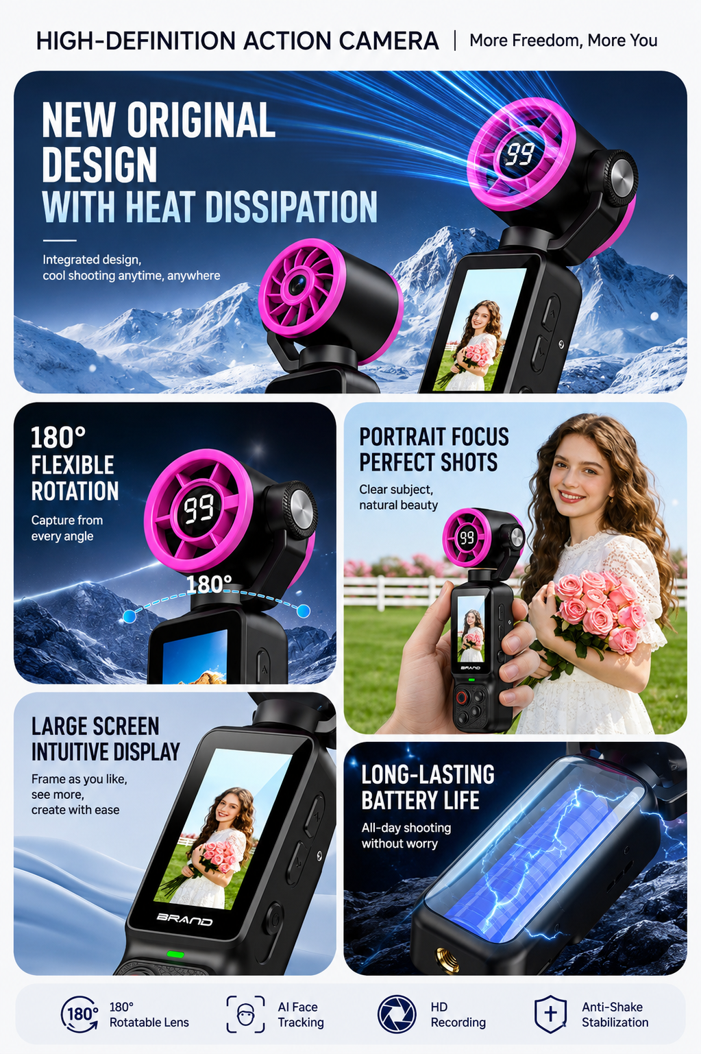 Handheld Action Camera with Cooling Fan | 180° Rotatable Lens & AI Face Tracking