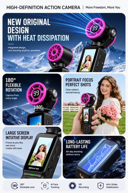 Handheld Action Camera with Cooling Fan | 180° Rotatable Lens & AI Face Tracking