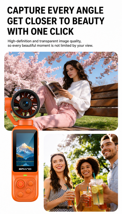 Handheld Action Camera with Cooling Fan | 180° Rotatable Lens & AI Face Tracking