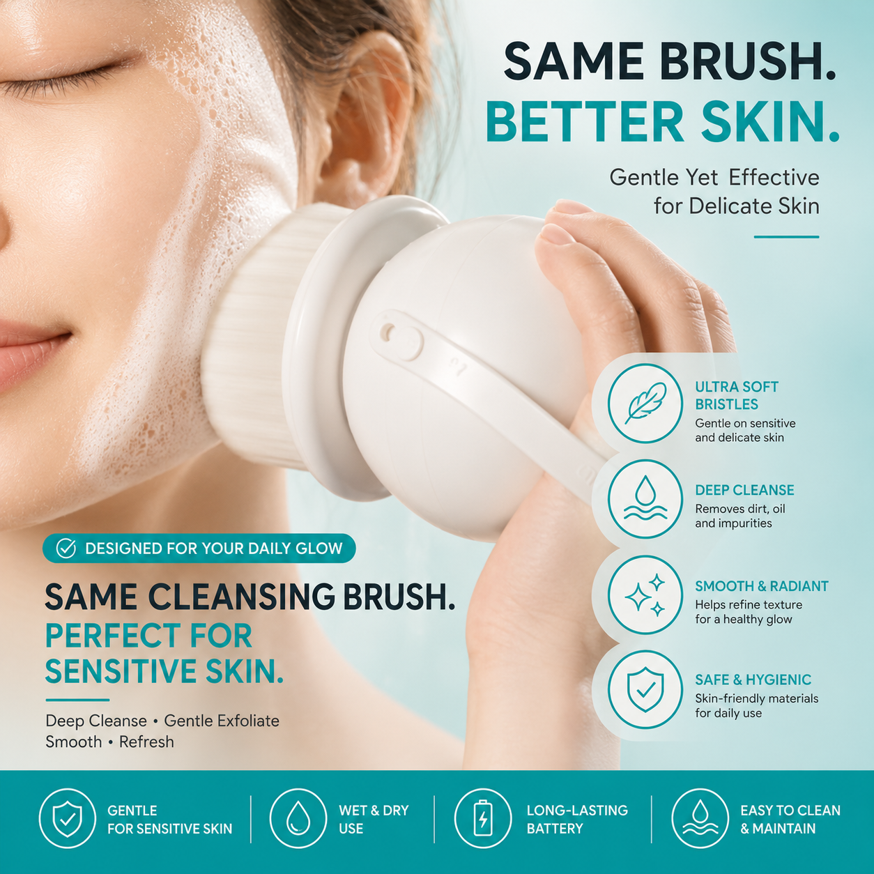 2-in-1 Wall Mounted Electric Body/ Face Cleansing Brush – Waterproof Shower Back Scrubber with Dual Brush Heads
