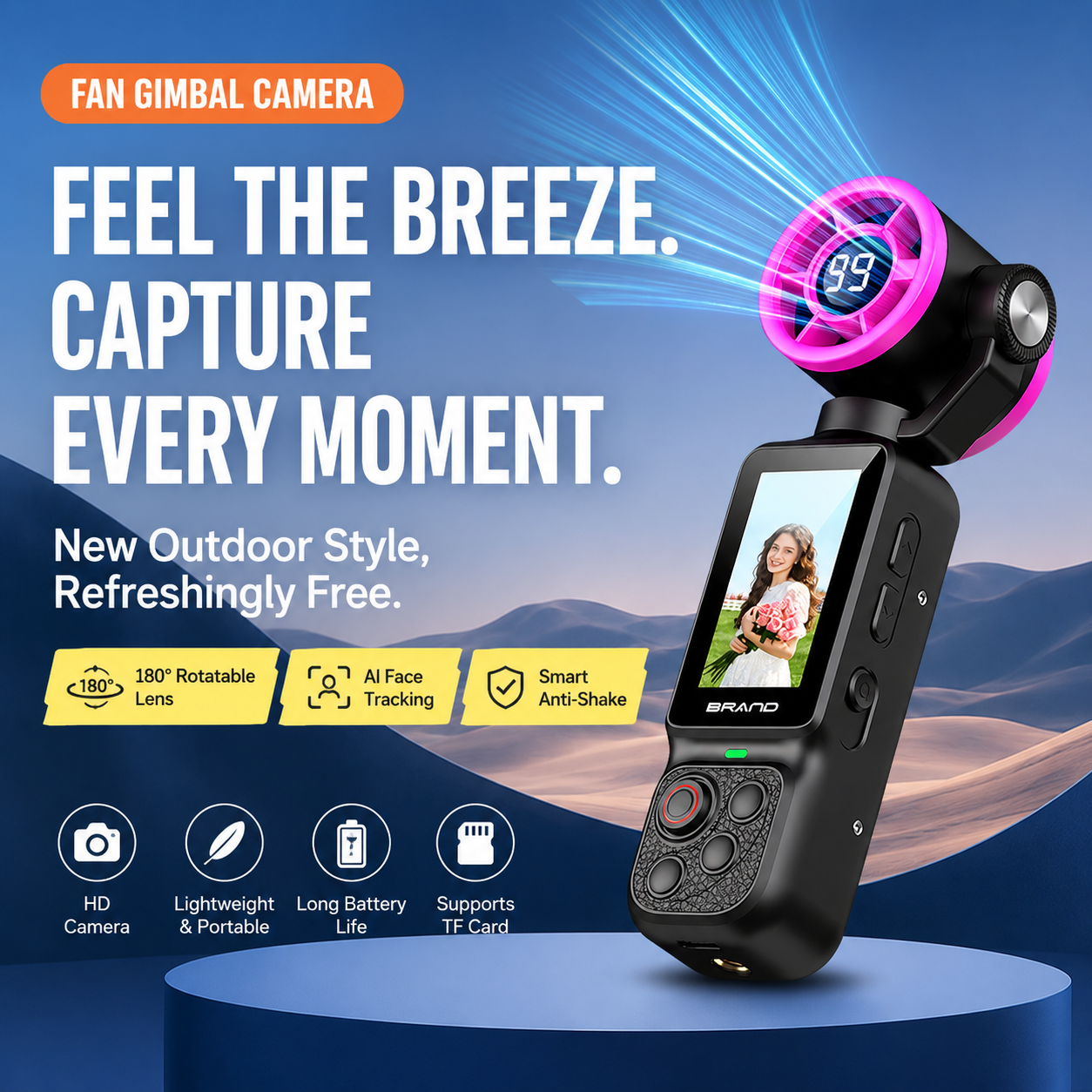 Handheld Action Camera with Cooling Fan | 180° Rotatable Lens & AI Face Tracking
