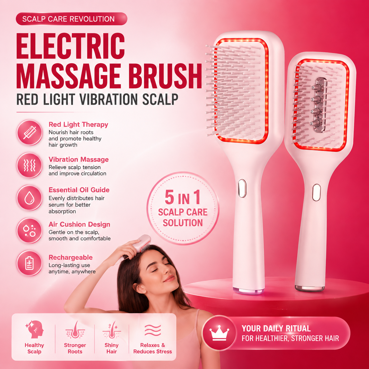 2-in-1 Red Light Scalp Massage Brush | Vibrating Hair Growth & Serum Applicator