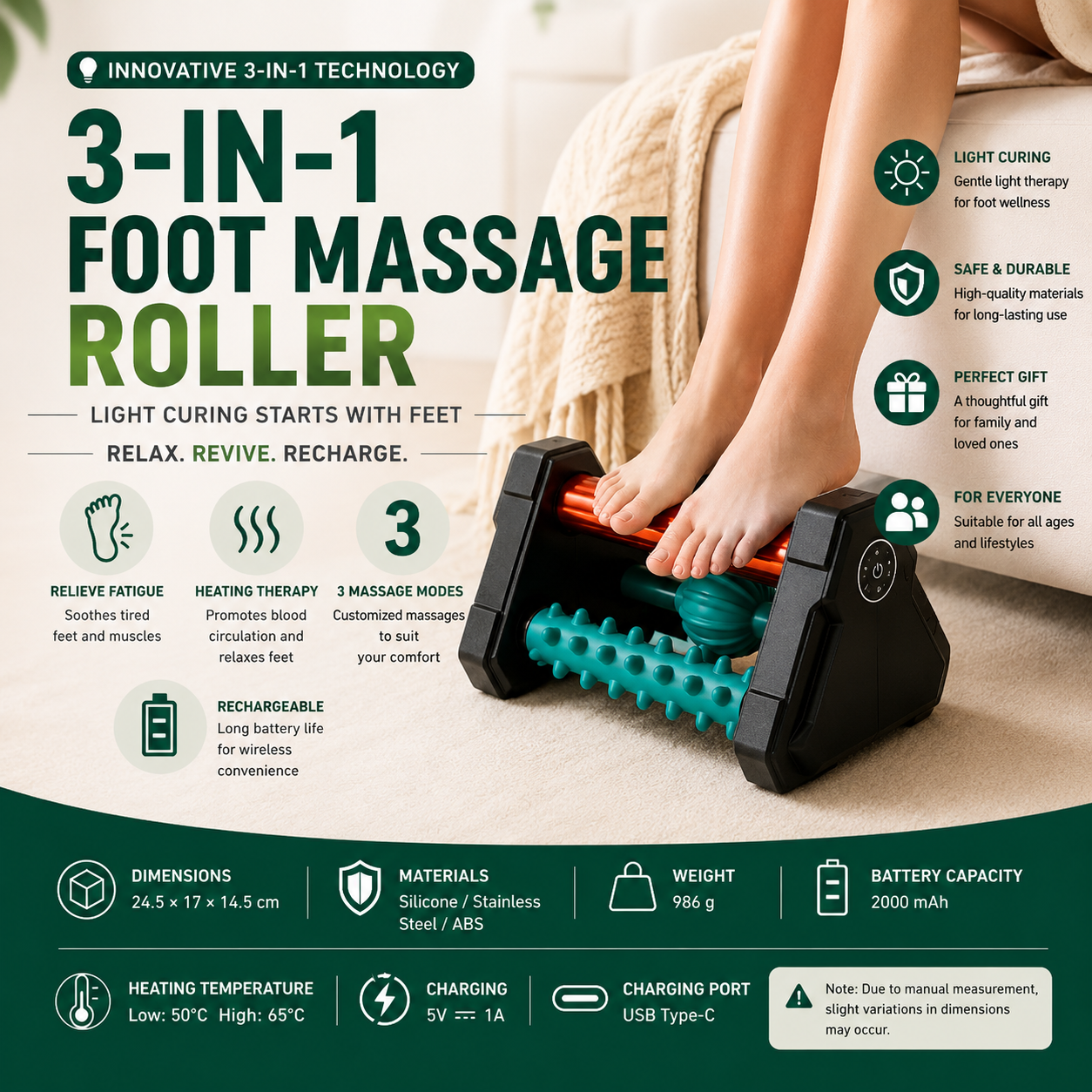 3-in-1 Heated Foot Massage Roller | Deep Tissue Acupressure & Plantar Fascia Relief