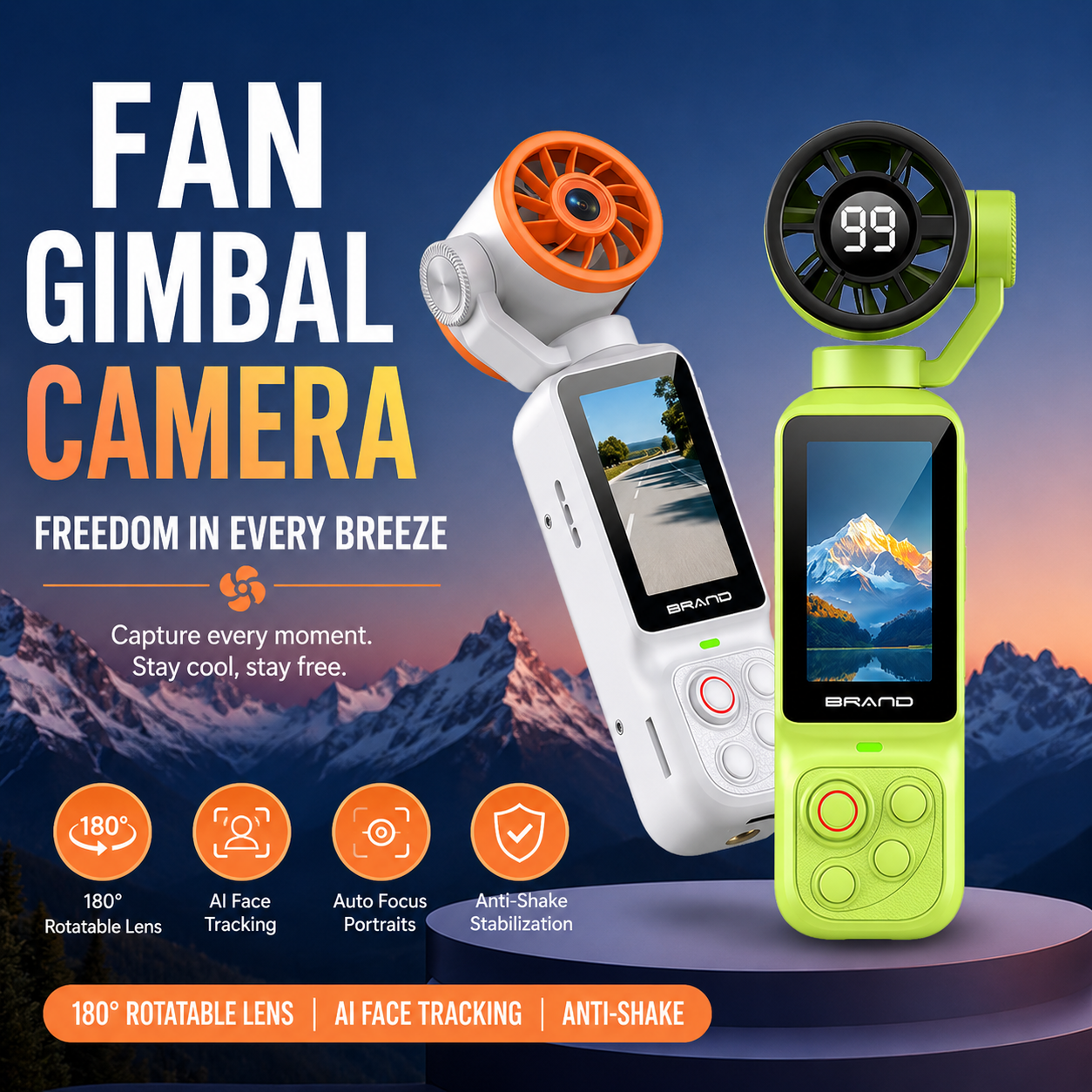 Handheld Action Camera with Cooling Fan | 180° Rotatable Lens & AI Face Tracking