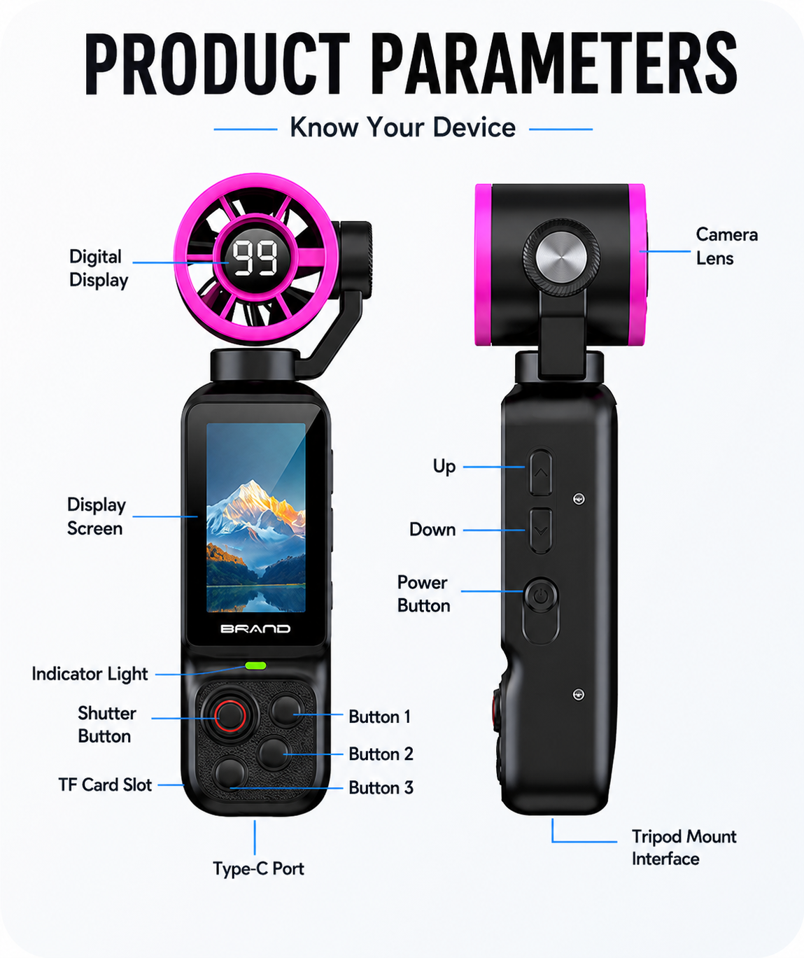 Handheld Action Camera with Cooling Fan | 180° Rotatable Lens & AI Face Tracking