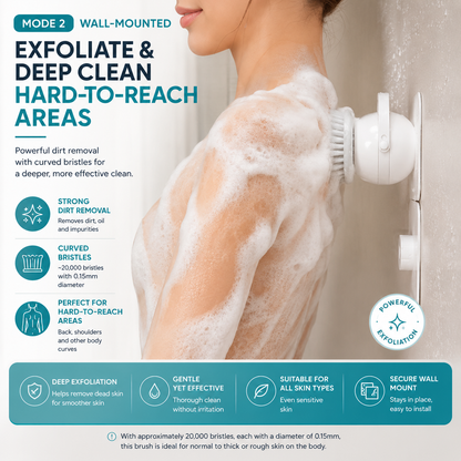 2-in-1 Wall Mounted Electric Body/ Face Cleansing Brush – Waterproof Shower Back Scrubber with Dual Brush Heads
