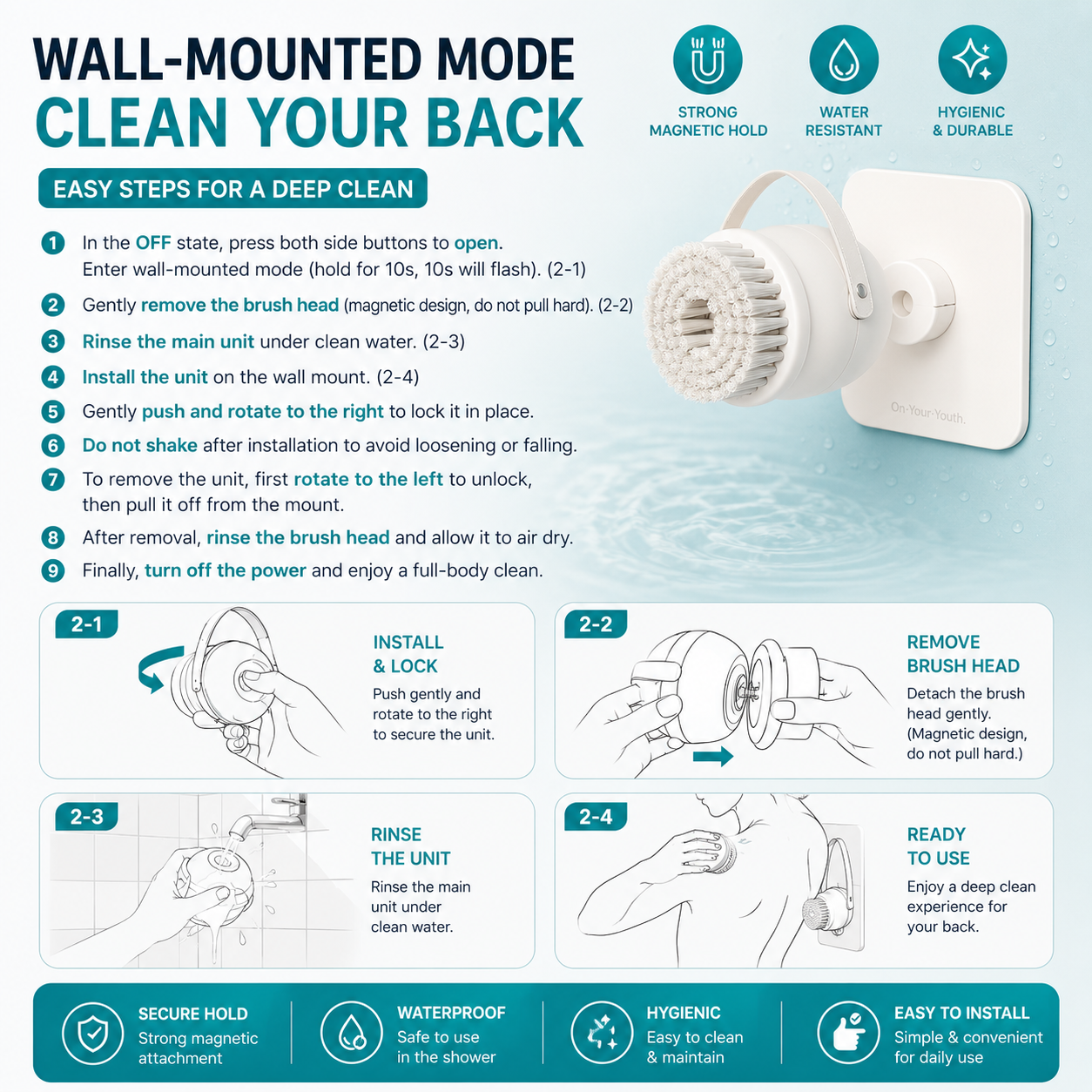 2-in-1 Wall Mounted Electric Body/ Face Cleansing Brush – Waterproof Shower Back Scrubber with Dual Brush Heads
