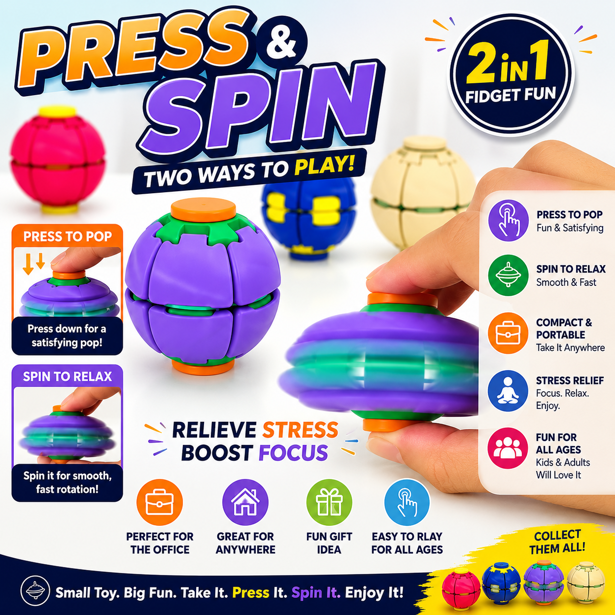 Press & Spin 2-in-1 Fidget Toy – Stress Relief Finger Spinner, Pocket Desk Toy for Kids & Adults, Portable Sensory Toy for Home, Office & Travel