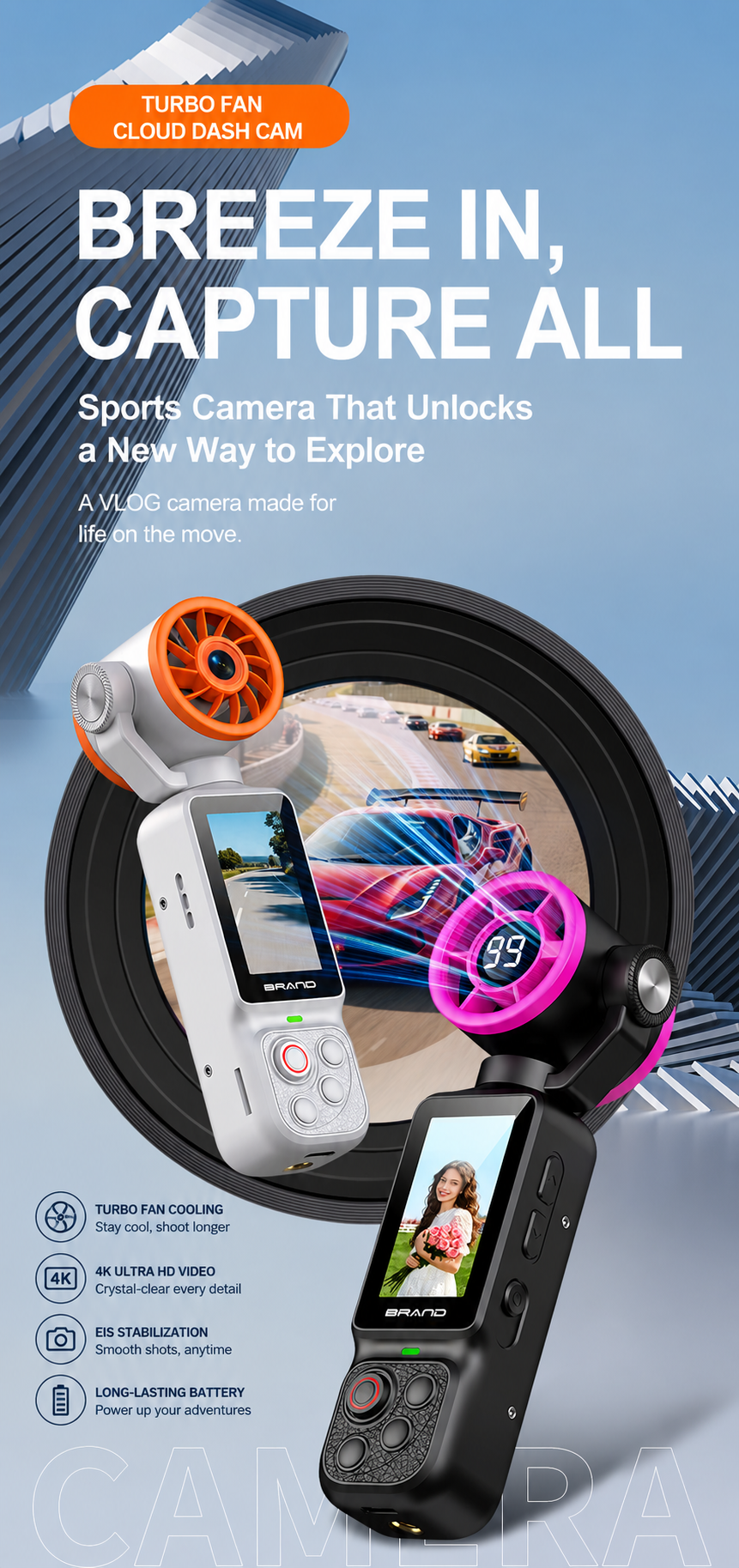Handheld Action Camera with Cooling Fan | 180° Rotatable Lens & AI Face Tracking